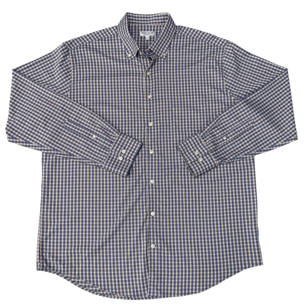 Peter Millar Summer Comfort Shirt Men's XL Blue Tan Plaid Stretch Button Down